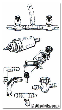 Hava vermede kullanılan çeşitli bağlantılar ve hava muslukları.
