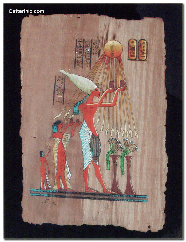 Mısır sanatından bir örnek. Akhenaton, Nefretiti ve Tut.