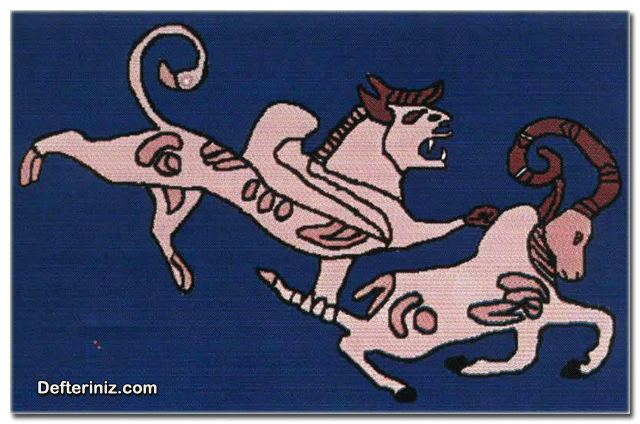 Hun Devleti sanatından bir örnek daha. Pazırık buluntularından örtü üzerinde, grifonun geyiğe saldırışı.