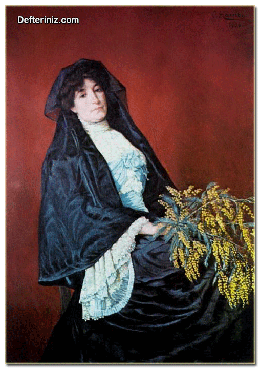 Batılılaşma dönemi Türk resim sanatına bir örnek daha. Osman Hamdi, Mimozalı Kadın 1906, yağlı boya , 136x97,5 cm.