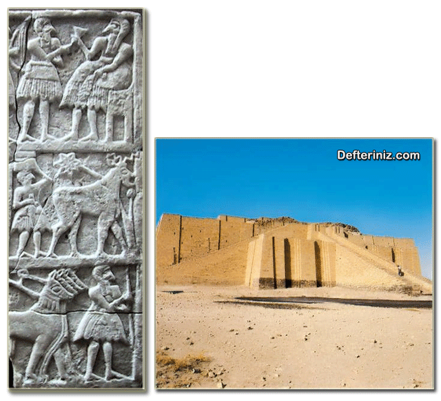 İlk ve Yeni Sümerler sanatından iki örnek. Plaka (sümer) ve Sümer Tapınağı (Zigurat).