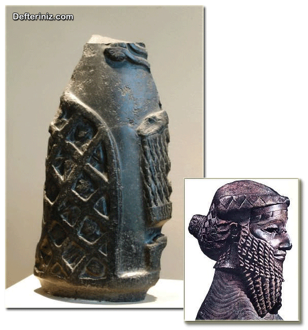 Akkad sanatından iki örnek. Zafer Anıtı (Akkad) ve Bronz heykel (Akkad Kralı).
