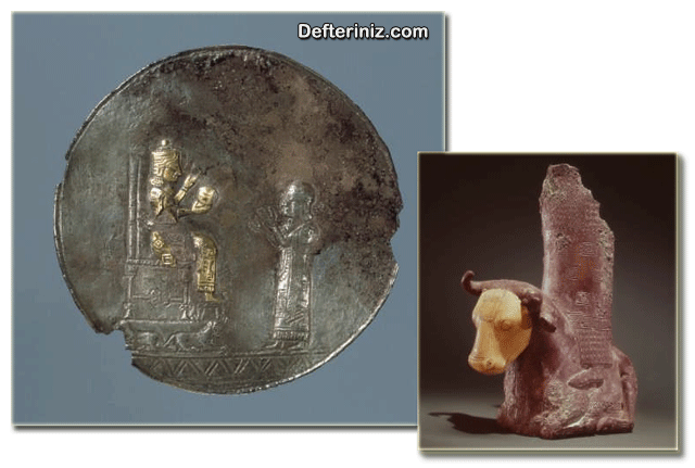 Urartu dönemi sanatından iki örnek. Madalyon ve Heykel.