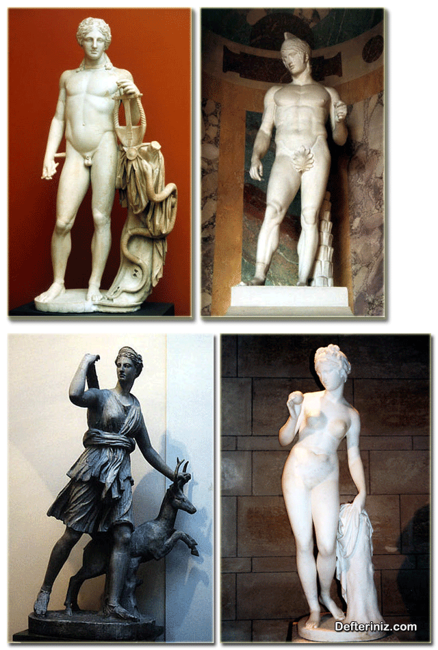 Yunan heykel sanatından örnekler. Apollo, Ares, Artemis, Aphrodite.