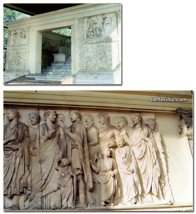 Roma sanatından kabartma örnekleri. Roma, Ara Pacis Barış Sunağı kabartmaları.