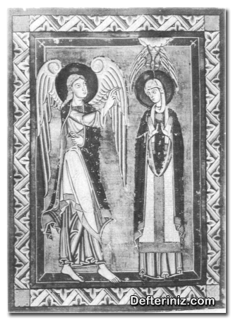 Roman sanatından bir örnek daha. Meryeme müjde. 1150 dolaylarında resimlenen bir İsveç incilinden.