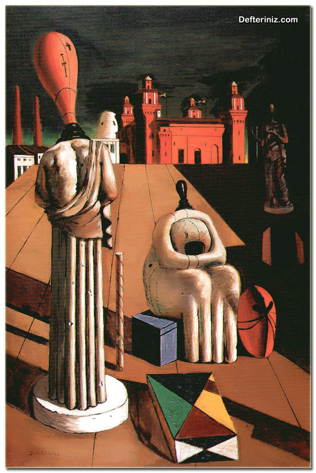 Gerçeküstücülük (sürrealizm) sanatından bir örnek. Giorgio de Chirico Huzur Kaçıran Esin Perileri 1925 t.ü.y.b 97x67 cm.