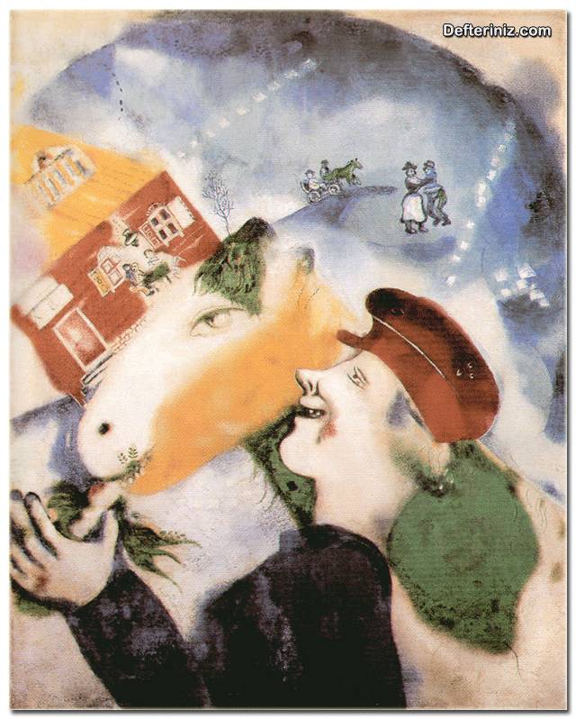 Gerçeküstücülük (sürrealizm) sanatından bir örnek daha. Marc Chagall Köy Hayatı 1925 t.ü.y.b101x80 cm.