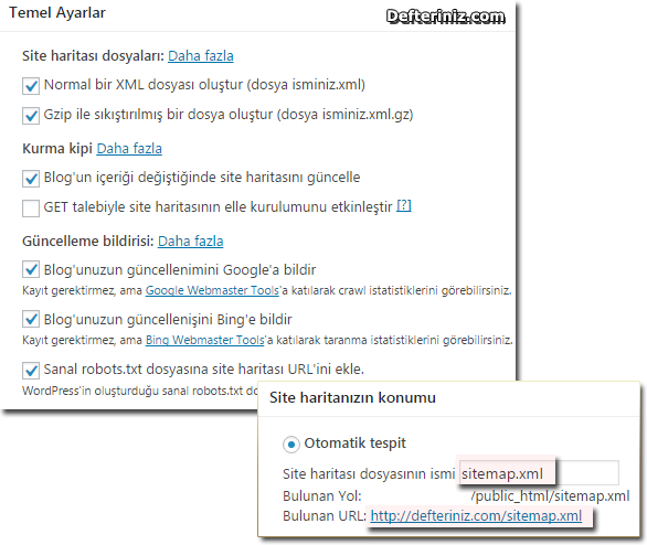 Google (XML) Sitemap eklentisi ayarları.
