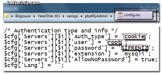 Xampp PhpMyAdmin için Şifre Oluşturma.
