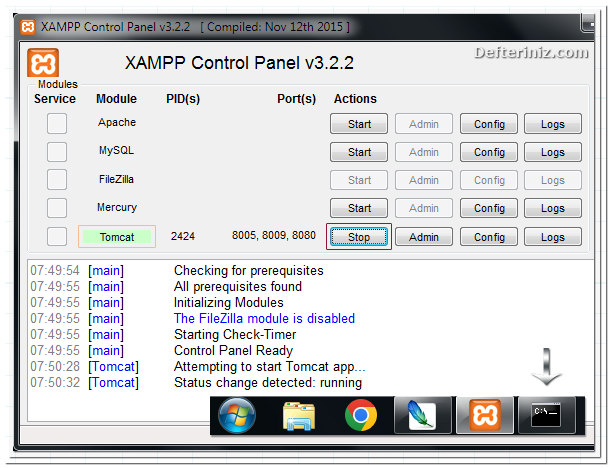 Xampp programının kontrol panelinden tomcat çalıştırmak - 5
