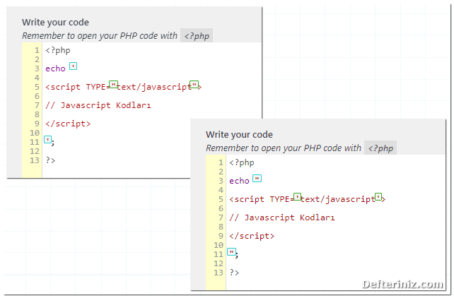 Tek tırnaklı ve çift tırnaklı javascript kodlarını php içinde kullanmak